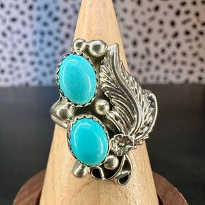 Sterling Silver Turquoise Two Stone Intricate Silver Work Leaves Southwestern